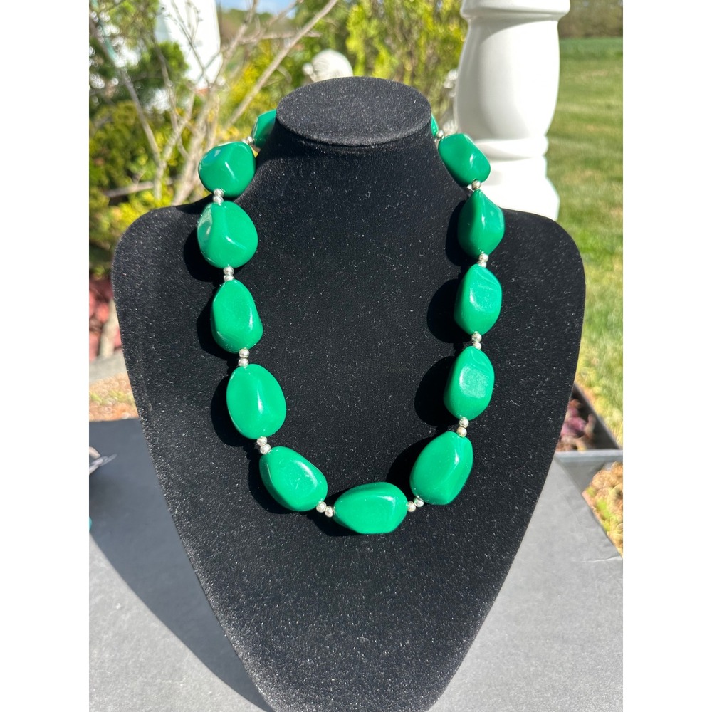Lane Bryant Green Chunky Bead Statement Necklace Emerald Resin Silver Tone New
